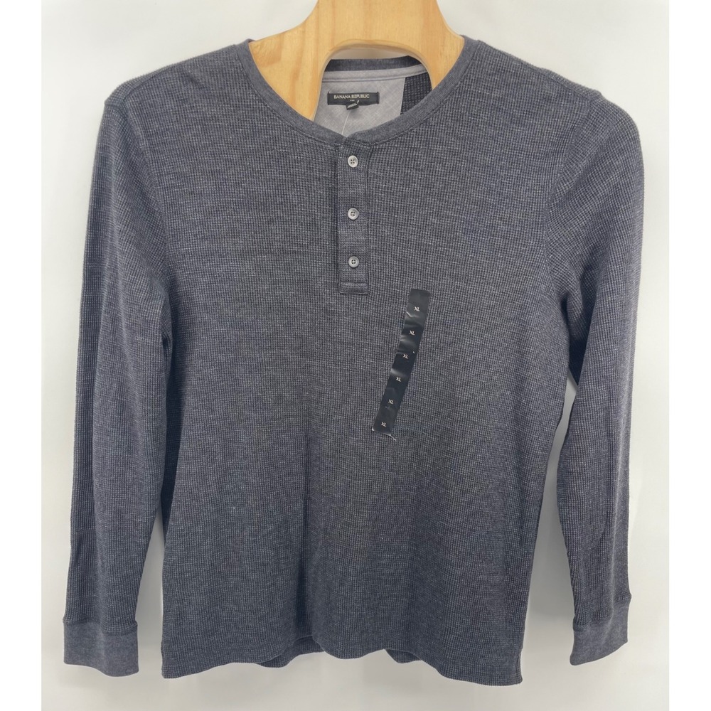 Banana Republic Henley Shirt Men XL Gray Waffle Knit Long Sleeve Preppy NWT